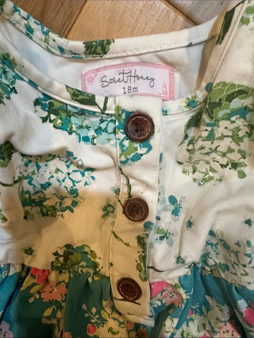 SweetHoney Teal, Cream, Pink Floral Button-Front Girls' Dress